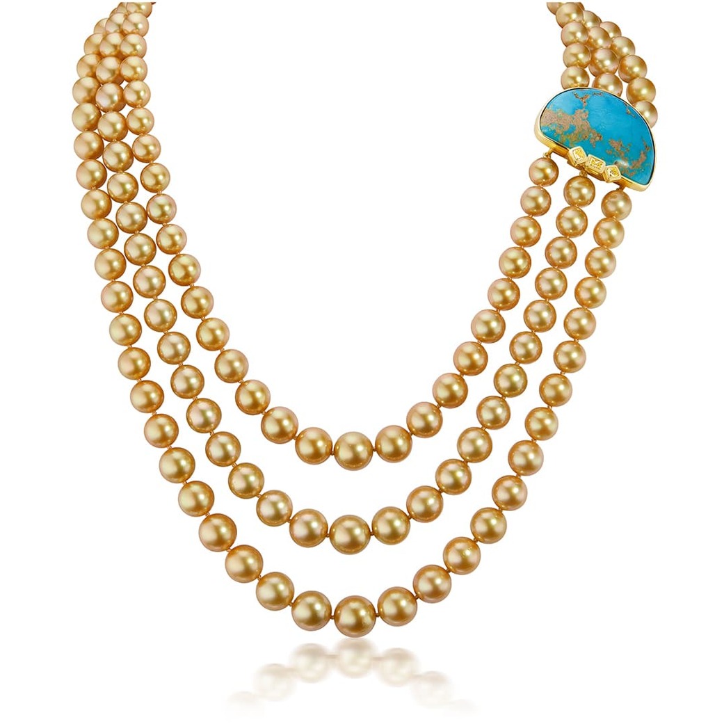 Golden South Sea pearl three-strand necklace with a natural turquoise clasp