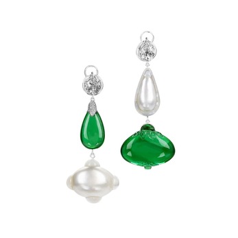 Fancy-shaped Zambian emerald and natural saltwater pearl earrings