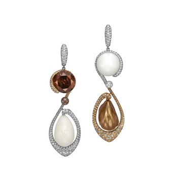 Fancy deep orangy brown diamond and natural pearl earrings