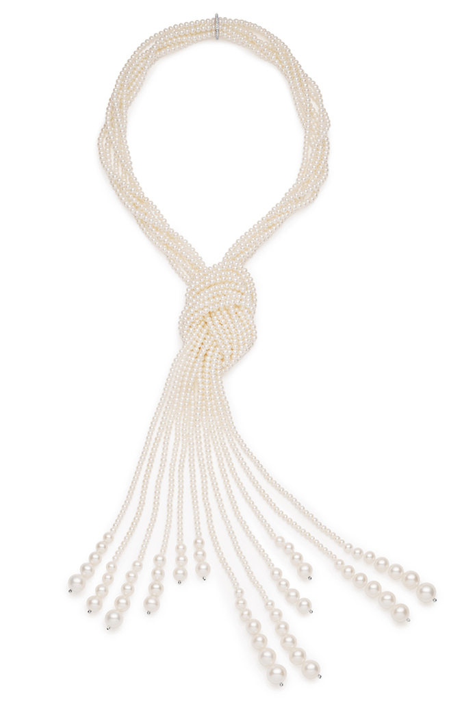 Multi-strand white pearl necklace with graduating pearl tassels 