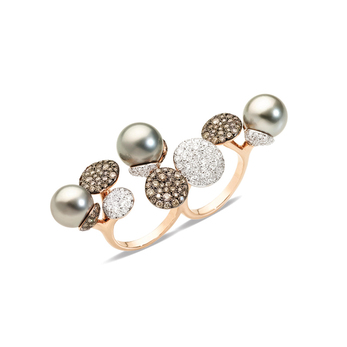 Pearl double finger ring with brown and colourless diamonds 