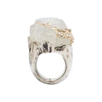 Melting Ice Cap ring in 18k white gold and sterling silver with diamonds, quartz and enamel 