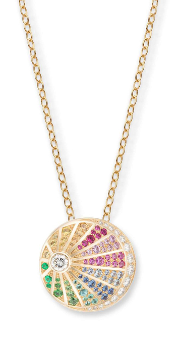 Rainbow medallion in 18k gold with sapphires, white diamonds, tsavorite, tourmaline, garnet and emerald