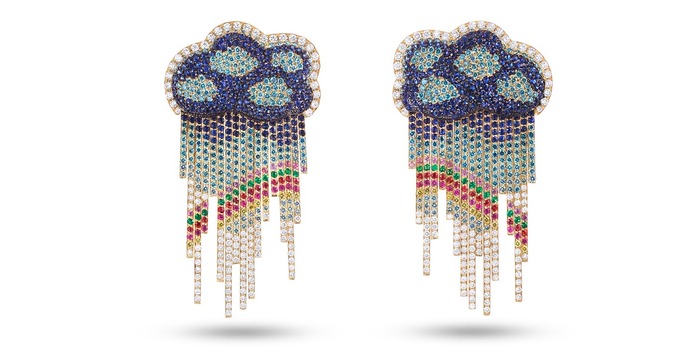 Rainbow earrings with fancy colour diamonds, sapphires and emeralds in 18k yellow gold 