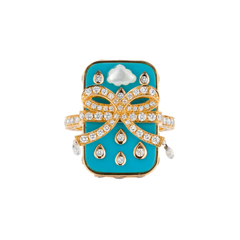 Rain Bow ring with diamonds, turquoise and mother of pearl set in 18k yellow gold 