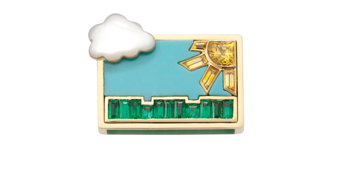 Nature plaque ring composed of turquoise, mother of pearl, yellow sapphires and emeralds in 18k yellow gold 