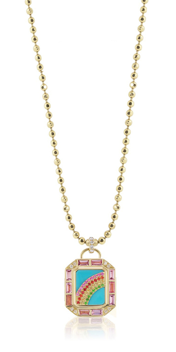 Il Arco Mini Tarot necklace in 18k yellow gold with sapphires, tsavorites and diamonds on a background of blue turquoise