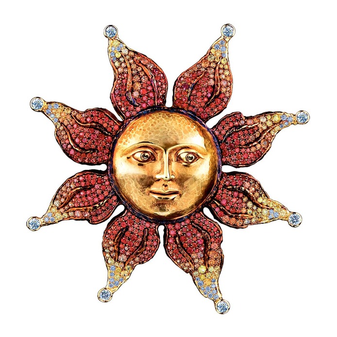 Sun pendant brooch with diamonds and yellow, orange and red sapphires in 18k yellow gold