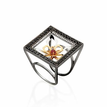 Portal Collection Lotus ring in 18k rose, yellow and white gold and black rhodium, set with black diamond pavé, white diamond pavé and a round cut cabochon ruby