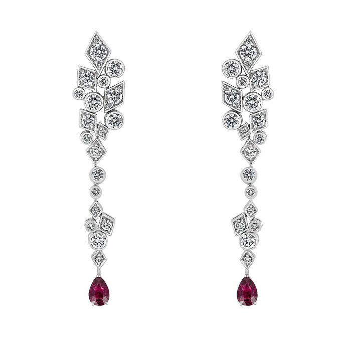 Albemarle Diamond drop earrings in 18k white gold with detachable ruby drops