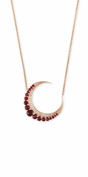 Precious Crescent Moon necklace with diamonds and rubies in rose gold 