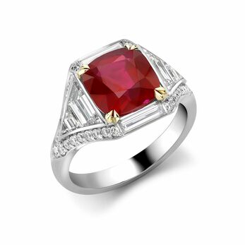 Masterpiece cushion-cut Burmese ruby ring of 3.98 carats in platinum and 18k yellow gold