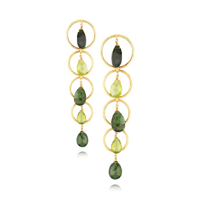 Peridot briolette and green tourmaline earrings in yellow gold 