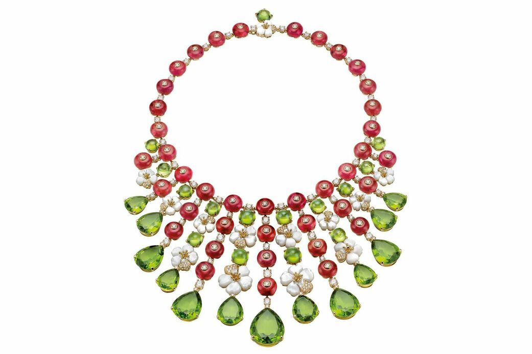 Giardini Italiani collection necklace set with peridots, rubellites, diamonds and carved mother of pearl in 18k yellow gold