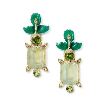 Dreamcatcher Trees earrings set with detachable hand-carved green agate leaves, emerald-cut green prehnite, faceted peridots and 0.66cts of white diamonds
