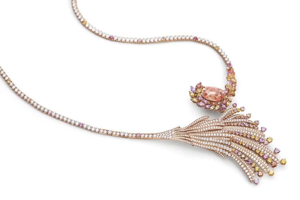 Blushing Wing necklace with a 12.10ct Sri Lankan padparadscha sapphire, yellow and purple sapphires, diamonds and rubies 