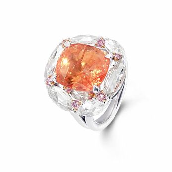 A 12.30ct padparadscha sapphire ring with rose-cut diamonds and pink diamonds