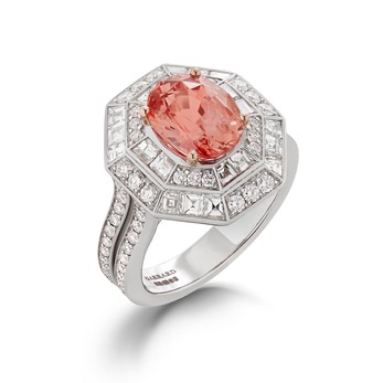 Declarations of Love ring with an oval-shaped padparadscha sapphire and diamonds 