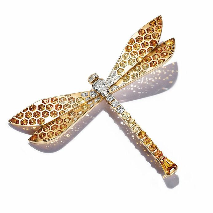 Sky dragonfly brooch from the Colors of Nature High Jewellery Collection with 87 octagon-shaped multi-colour sapphires of 37.49 carats and a custom-cut kite-shaped yellow sapphire of 2.34 carats