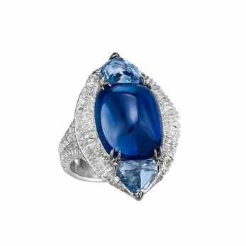 Masterpiece ring with a 15.86 carat sugarloaf Kashmir sapphire and rondel-cut diamonds