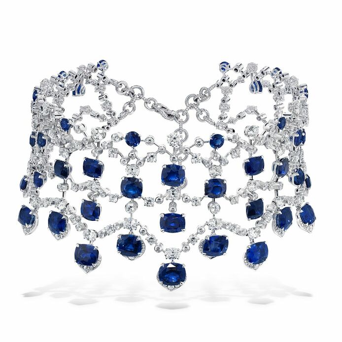 Lattice choker crafted with 85 carats of pear, round and cushion-cut blue sapphires, and 35 carats of round and oval-cut white diamonds, set in 18k white gold