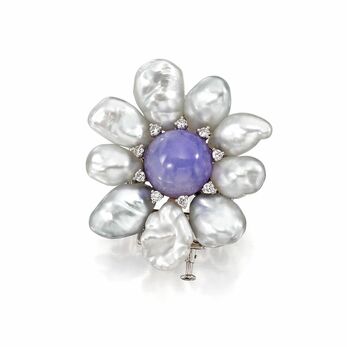 Baroque South Sea pearl and lavender jade brooch 