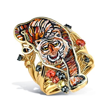 Jeux Félines ring in yellow gold with a micromosaic tiger, black diamonds and yellow and orange sapphires