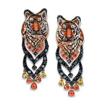 Jeux Félines earrings in yellow gold with a micromosaic tiger's head, embellished by black diamonds and yellow and orange sapphires