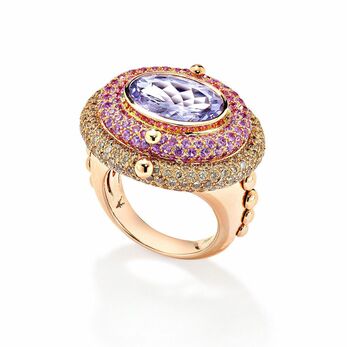 Juke cocktail ring with a 4.81 carat oval lilac amethyst surrounded by brown diamonds and pink sapphires in 18K rose gold