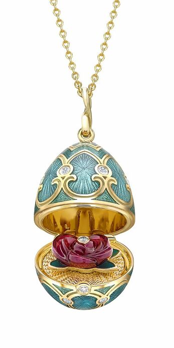 Heritage Limited Edition Yellow Gold Locket with Teal Enamel & Carved Ruby Rose Surprise