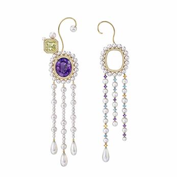 Tasaki Atelier high jewellery earrings with white Akoya pearls, diamonds, amethyst, citrine and blue topaz