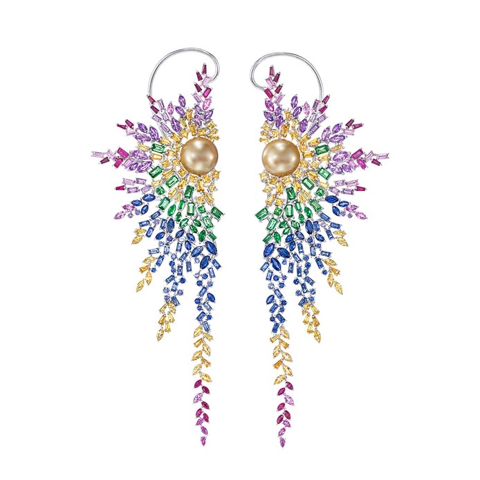 Atelier Tasaki Iridescent Earrings with South Sea pearls, sapphires, rubies and garnets