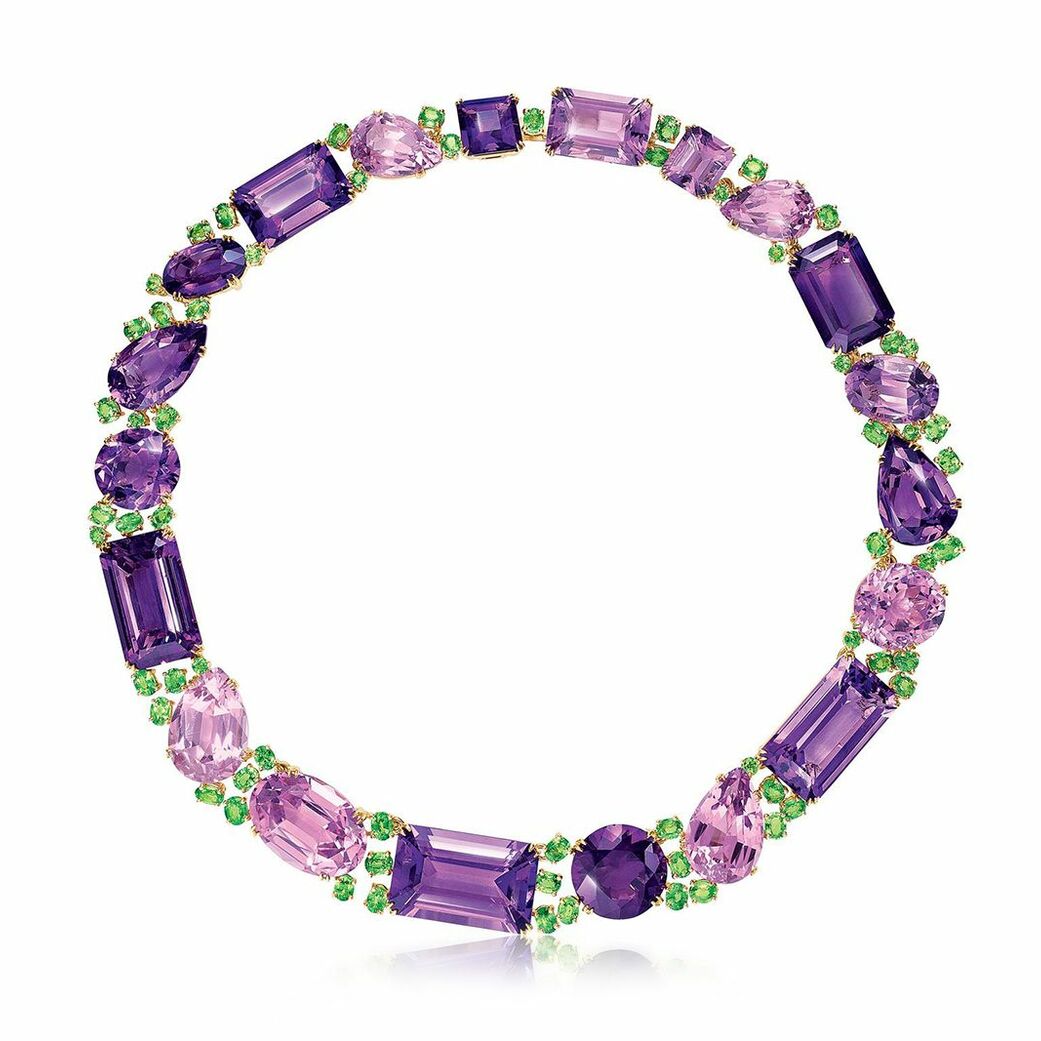 Byzantine riviere necklace with amethysts, pink kunzites and green tsavorites set in gold