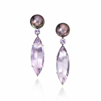Tahitian pearl, marquise-shaped amethyst and lavender spinel earrings