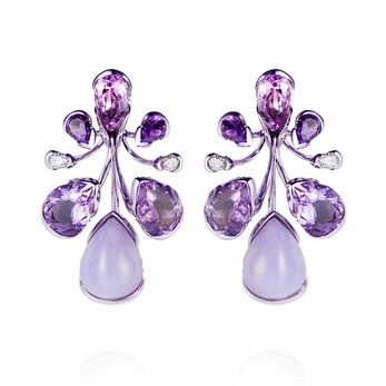 Orchidea earrings in lilac coated 18k gold with 2 carats of diamonds, lavender jadeite, kunzite and amethyst