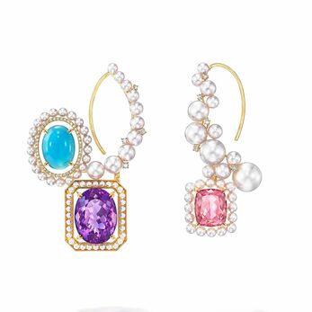 Atelier earrings in 18k yellow gold with Akoya pearls, South Sea pearls, diamond, amethyst, blue chalcedony and pink tourmaline