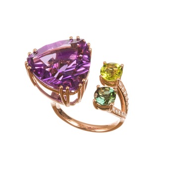 Amethyst, yellow and green sapphire ring in 18k rose gold
