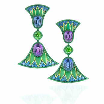 Lotus Flower earrings with four spinels of 20.33 carats, demantoids, diamonds, tsavorites and sapphires