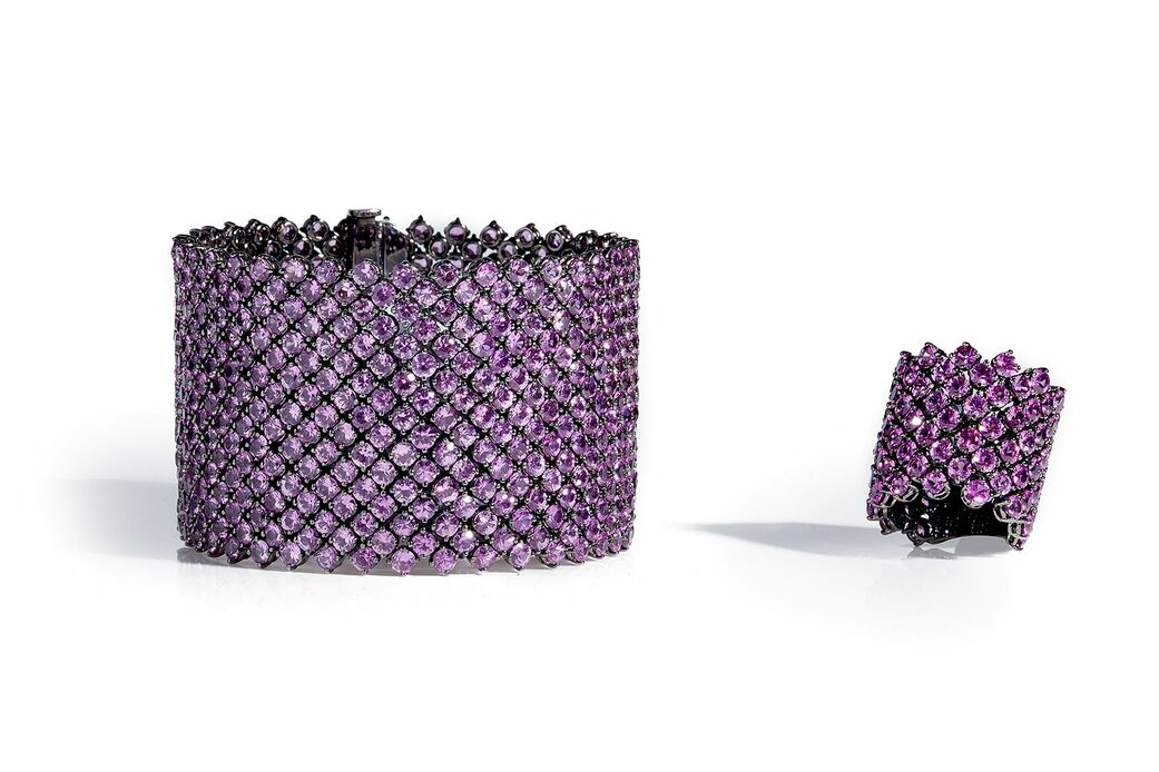 Cuff bracelet and matching ring in blackened gold set with pink sapphires