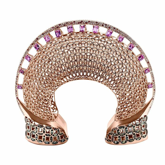 Cuff bracelet with pink sapphires, tourmalines and diamonds in 18k rose gold 