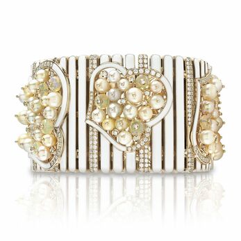 Natural pearl, opal and diamond cuff bracelet