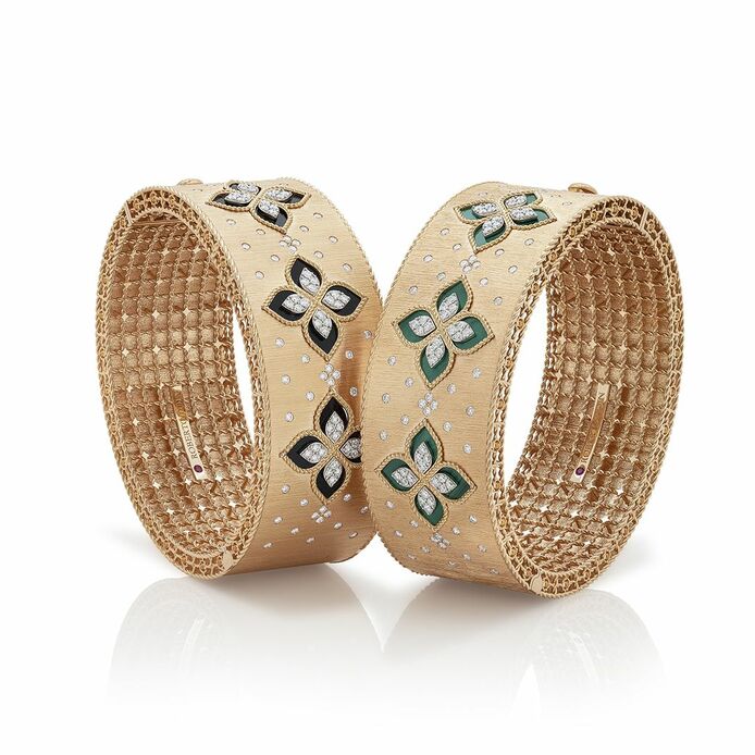 Princess Flower bangles with diamonds and hardstones in 18k yellow gold 