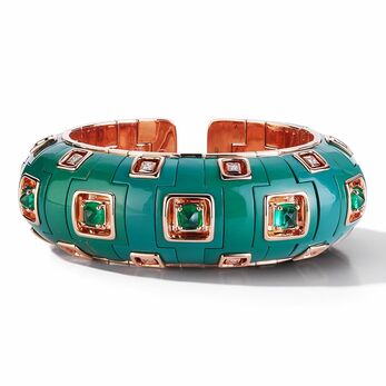 Tribu cuff bracelet with green nano-ceramic, emeralds and diamonds in 18k rose gold 
