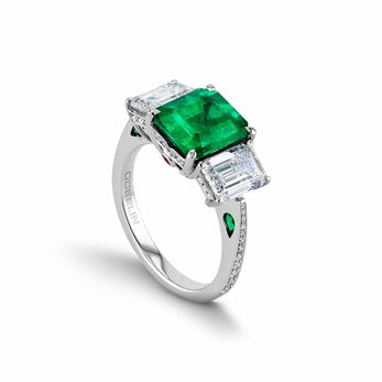 Drops of Water ring with a 2.88 carat emerald-cut Colombian emerald and two emerald-cut diamonds of 1.03 and 1.08 carats
