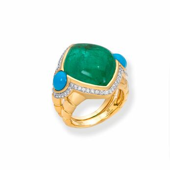 Fides ring with a Muzo Colombian emerald cabochon, turquoise cabochons and pavé diamonds in 18K yellow gold 