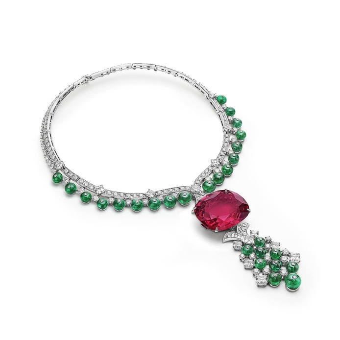 White gold, spinel, emerald and diamond High Jewellery necklace