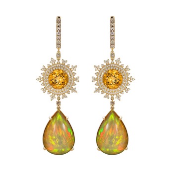 Tsarina Sun Flake & Opal earrings in Tsarina beryl, fire opal and brown and white diamonds