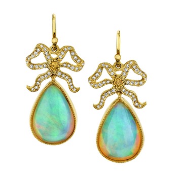 Bow earrings in opal, diamond and yellow gold
