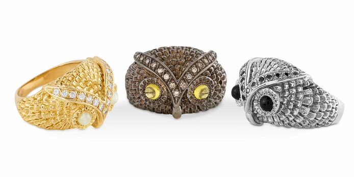Owl rings in gold, chrysoberyl and diamond