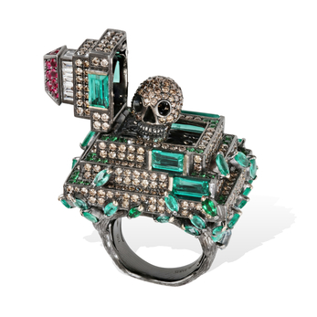 Skeleton ring in black gold, ruby, emerald and diamond